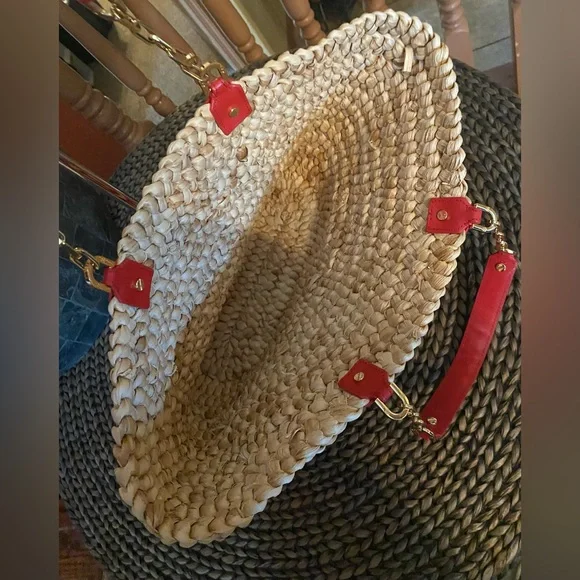 Tory Burch - EUC - Audrey Straw Woven Tote with Red Accents - Like New - Picture 6 of 13